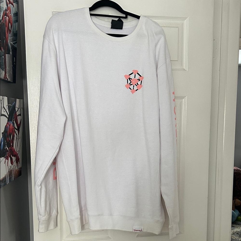 Diamond Supply Co. White Crewneck Sweater with Pink Geometric Design